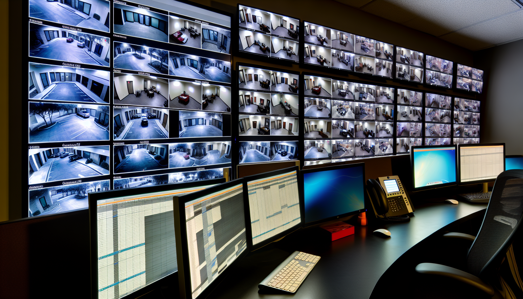 Live video monitoring station with multiple screens displaying various property locations in New Orleans