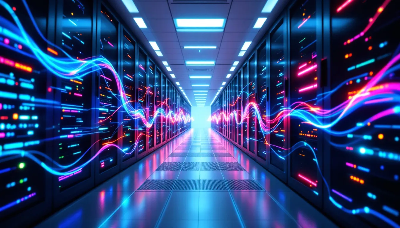 In the image, a data center filled with servers is illuminated by flowing light patterns that symbolize data movement and transformation, highlighting the dynamic processes involved in data integration and orchestration, akin to the capabilities of Azure Data Factory and Matillion. The visual representation emphasizes the complex workflows and real-time analytics that occur within cloud environments.