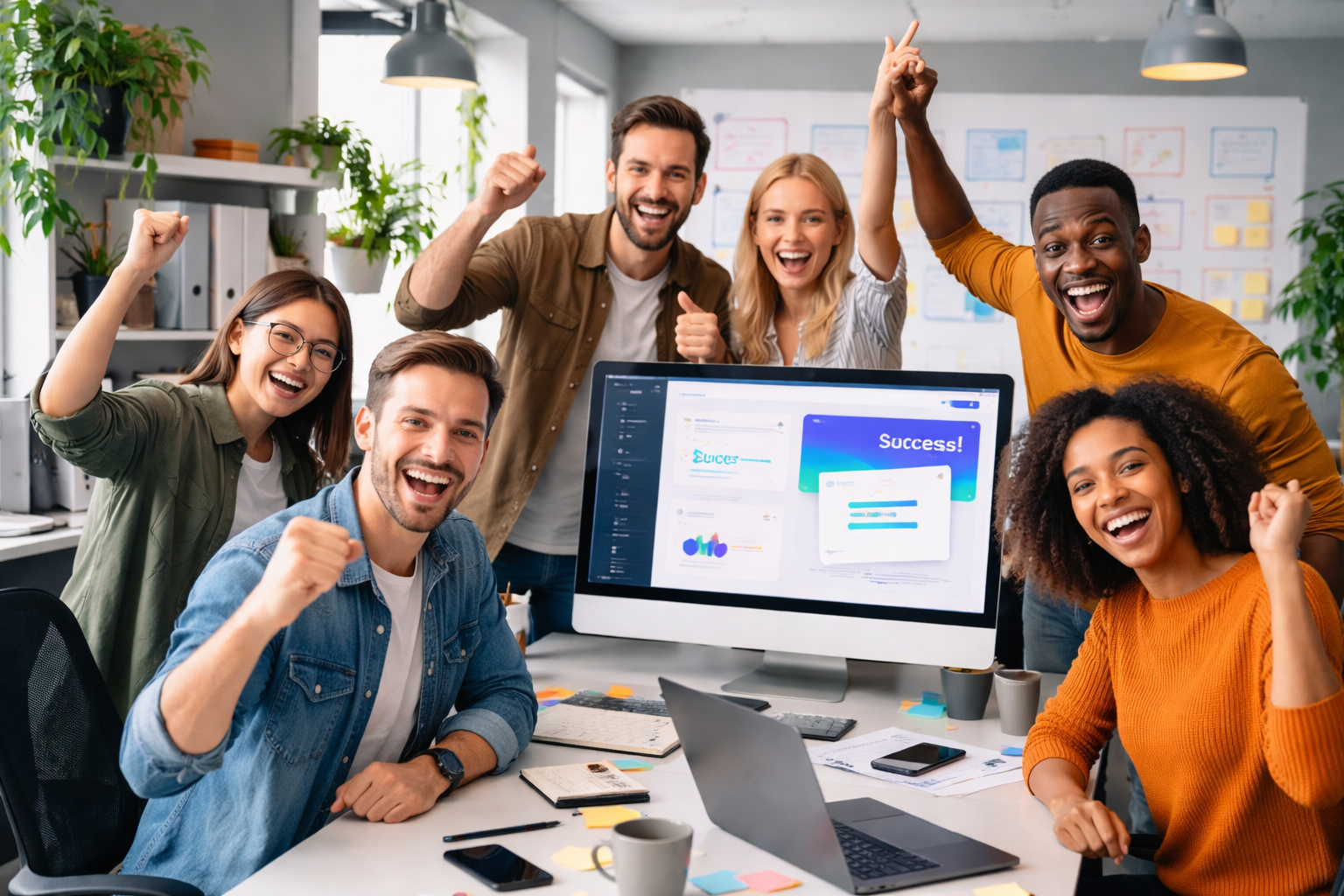 Image showing a successful development team who has just launched a software product, after having taken it from just a concept to a end product - a few other notes about UI patterns