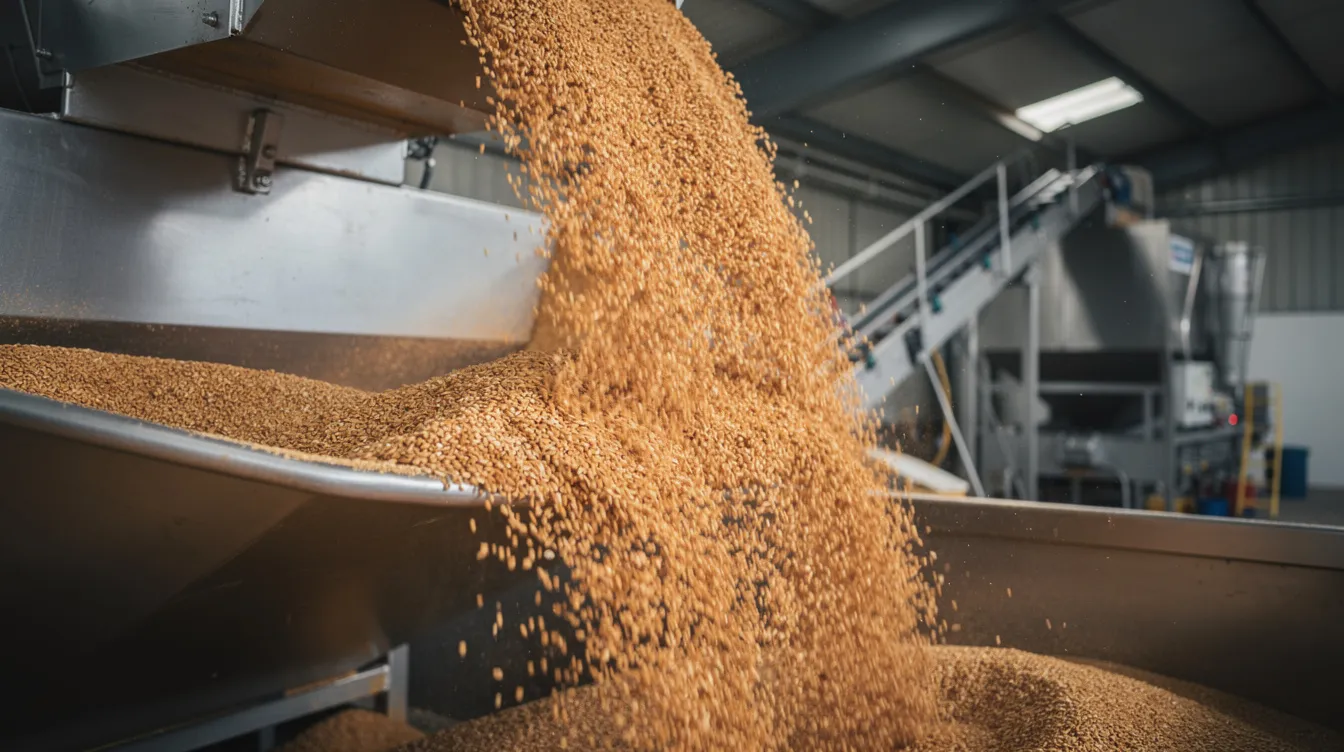 cf5b2a95 463d 4127 adab 490b897d54b9 The image shows golden wheat grains being poured into a large industrial hopper within a processing facility, highlighting the initial stage of wheat milling. This process is essential for producing wheat flour and wheat bran, which are key ingredients in various food products and animal feed.