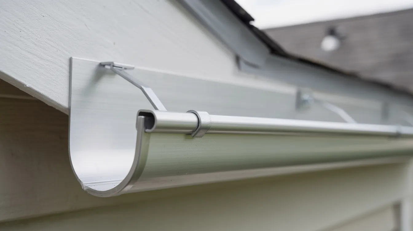 A close-up view of a K-style aluminum gutter is shown, securely attached to the house fascia board, showcasing its seamless design. This gutter installation is crucial for effective rainwater management, helping to prevent water damage to the property in Pueblo, Colorado.