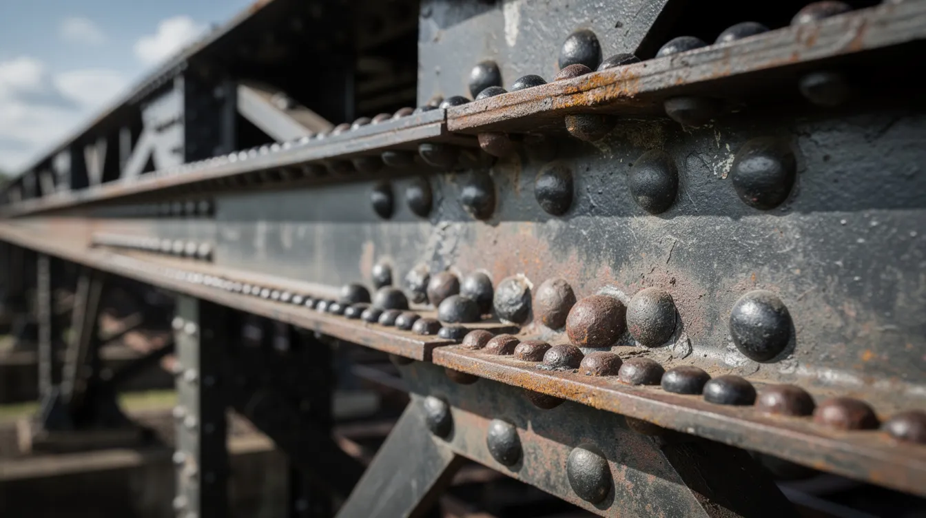The image features a vintage railway bridge showcasing a robust riveted steel structure, with large steel beams connected by rows of dome-head rivets. The intricate design highlights pre-drilled holes and the metal's industrial aesthetic, emphasizing its applications in projects requiring strength and durability.