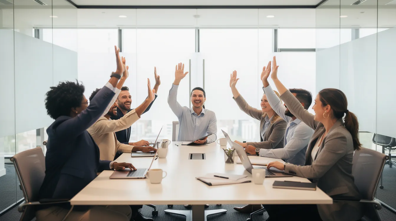 L'image montre une équipe diverse de professionnels souriants levant la main dans une salle moderne, illustrant la collaboration et la créativité au sein d'un projet. Cette scène dynamique reflète un environnement de travail stimulant où les membres de l'équipe échangent des idées pour innover et résoudre des problèmes ensemble.
