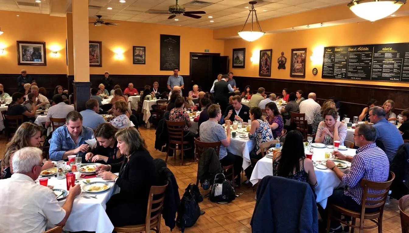 In a bustling restaurant dining area during lunch, patrons are seated at tables enjoying their meals while staff members efficiently navigate through the space, ensuring operational efficiency. The atmosphere is lively, with the sounds of conversation and clinking dishes, highlighting the importance of effective loss prevention strategies in maintaining a profitable restaurant business.