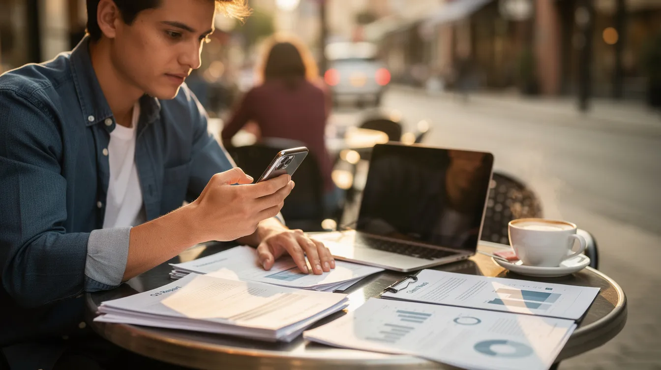 A person is sitting at a cafe table, focused on their smartphone while surrounded by documents related to a loan application. The scene captures a blend of technology and paperwork, highlighting the modern approach to managing finances, such as applying for a 免 tu 貸款.