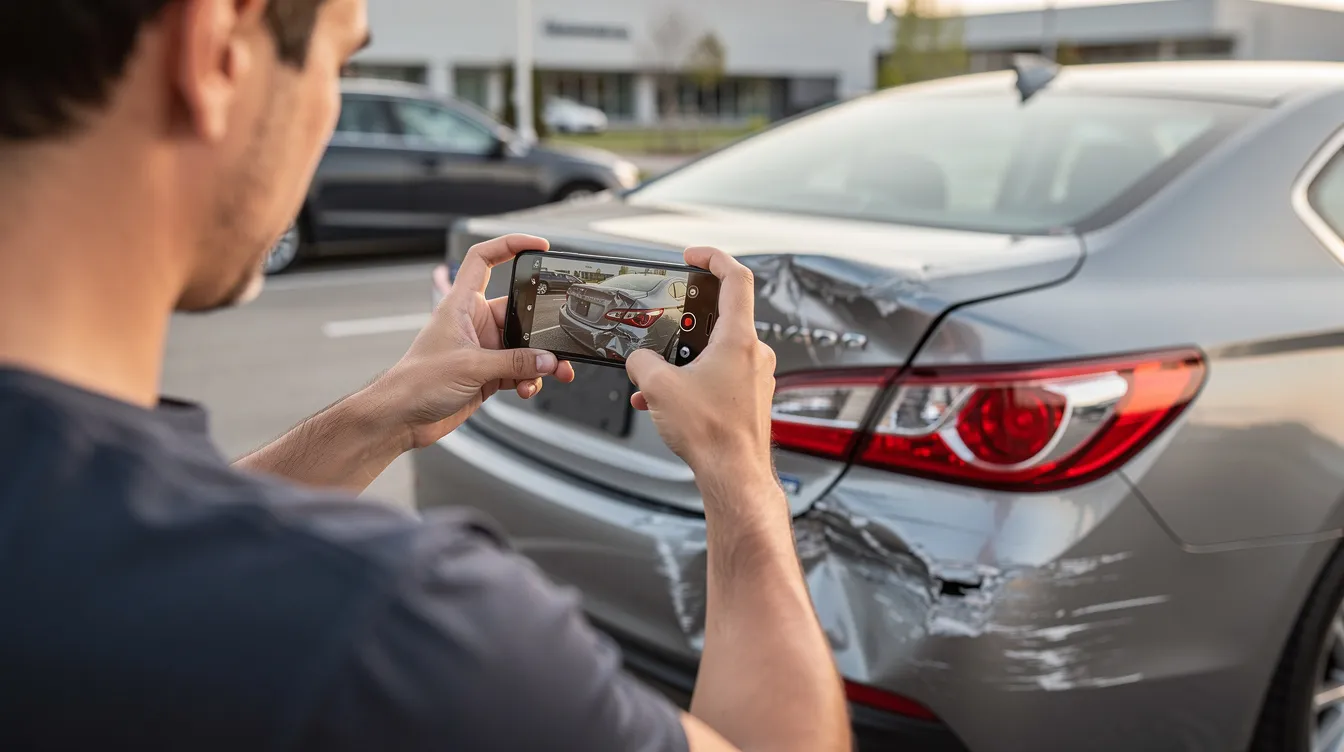 The image shows a person using a smartphone to photograph the damage to a car, likely following a reckless driving accident. This documentation could serve as compelling evidence for a car accident claim, helping to address the legal implications and seek compensation for any injuries or damages incurred.