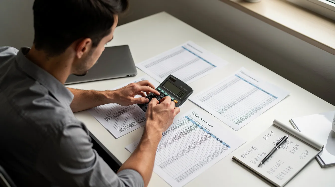 cf610fe6 87af 48f1 8a7c 291e88b3d571 The image shows a person sitting at a desk, focused on cost estimation with a calculator and various papers spread out, likely related to applying for mudra loans. This scene signifies the careful planning and details that an entrepreneur must consider when seeking funding from small finance banks or commercial banks.