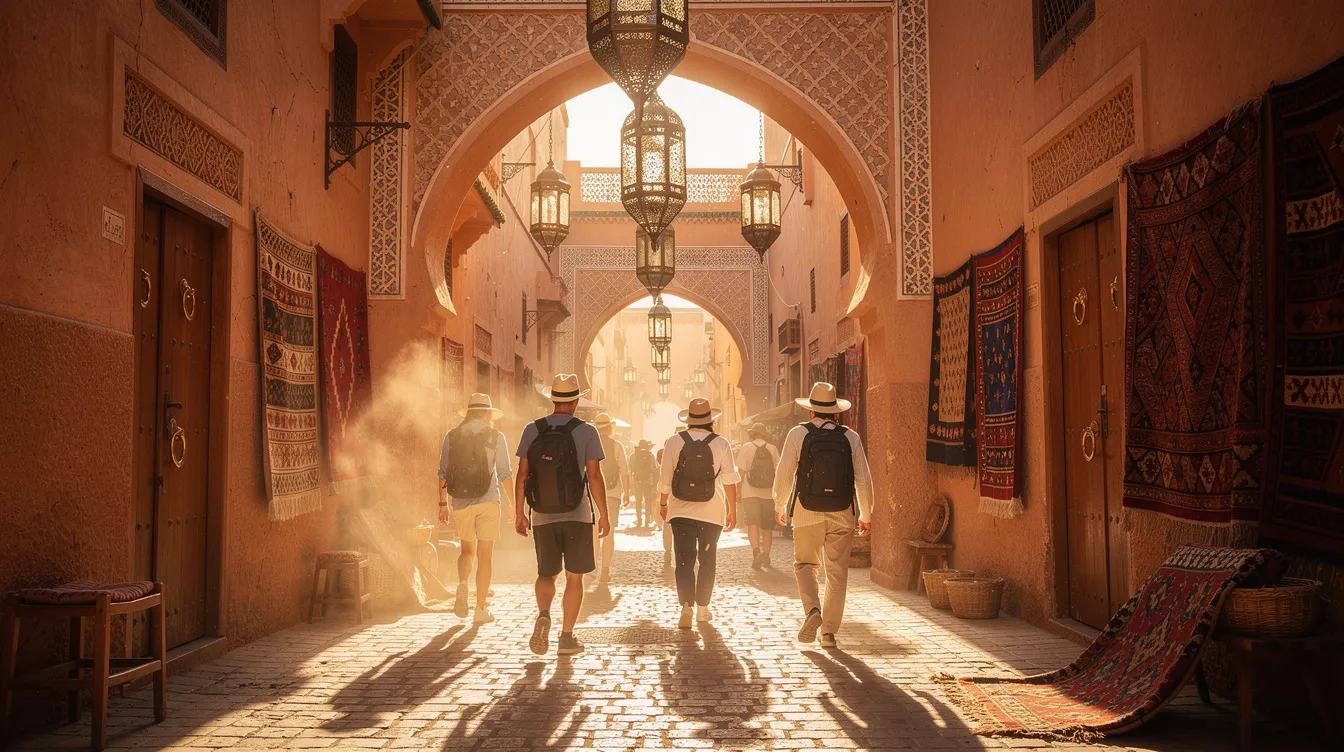 Travelers stroll through a sunlit Moroccan medina, surrounded by warm stone walls, intricate arches, and colorful lanterns, embodying the rich history of this UNESCO World Heritage site. The vibrant atmosphere highlights the iconic architecture and bustling narrow alleys typical of historic cities in Morocco.