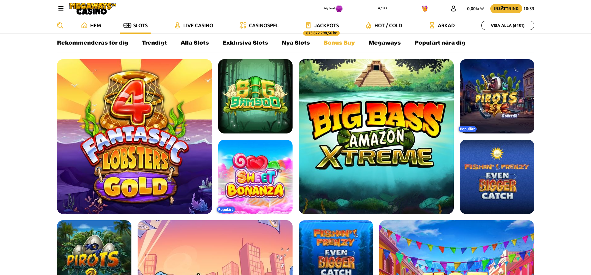 Bonus Buy-spel hos Megaways Casino med populära spelautomater som Big Bass Amazon Xtreme och Sweet Bonanza.
