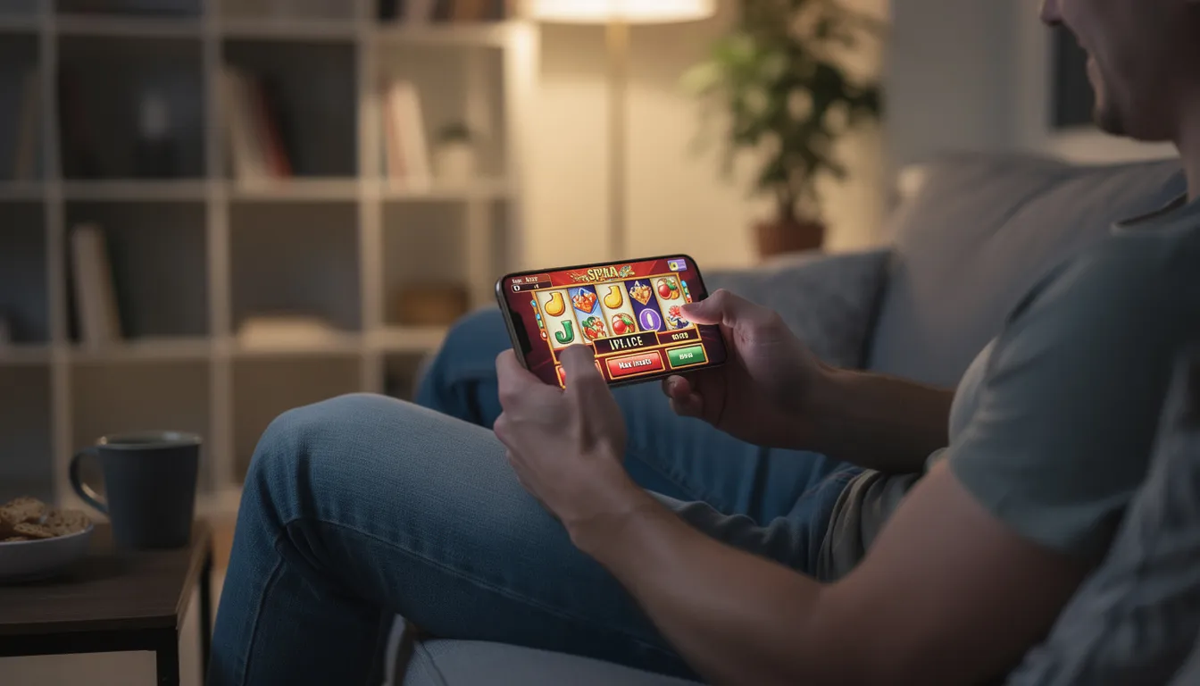 En person sitter i en mysig vardagsmiljö och spelar casinospel på sin smartphone, med ett fokus på skärmen som visar spännande spel. Det är en avslappnad atmosfär där man kan njuta av spelupplevelsen, men kom ihåg att spelande kan vara beroendeframkallande, spela ansvarsfullt.