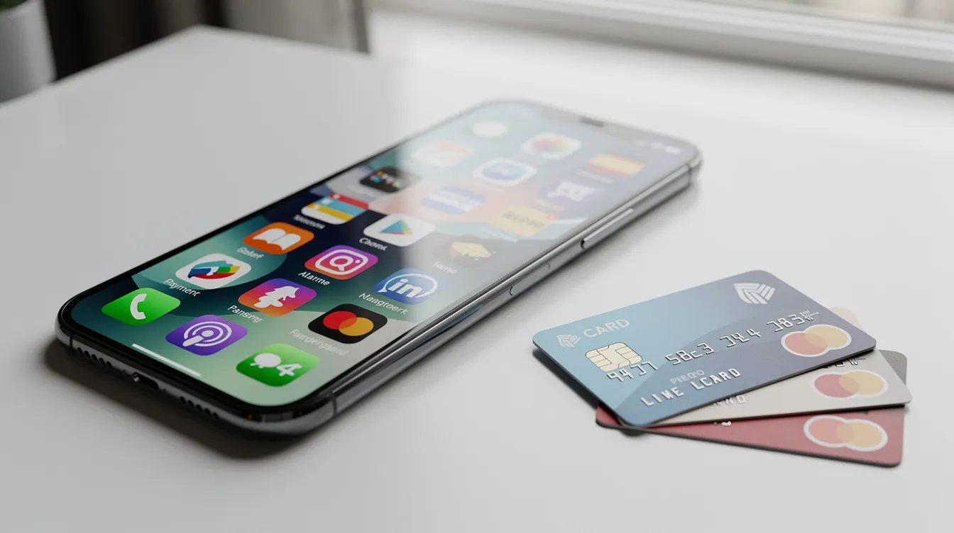 The image displays a smartphone screen filled with various digital payment app icons alongside banking cards, showcasing the convenience of mobile play for online casino transactions. This setup highlights the modern approach to managing funds for playing casino games and accessing online casino bonuses.