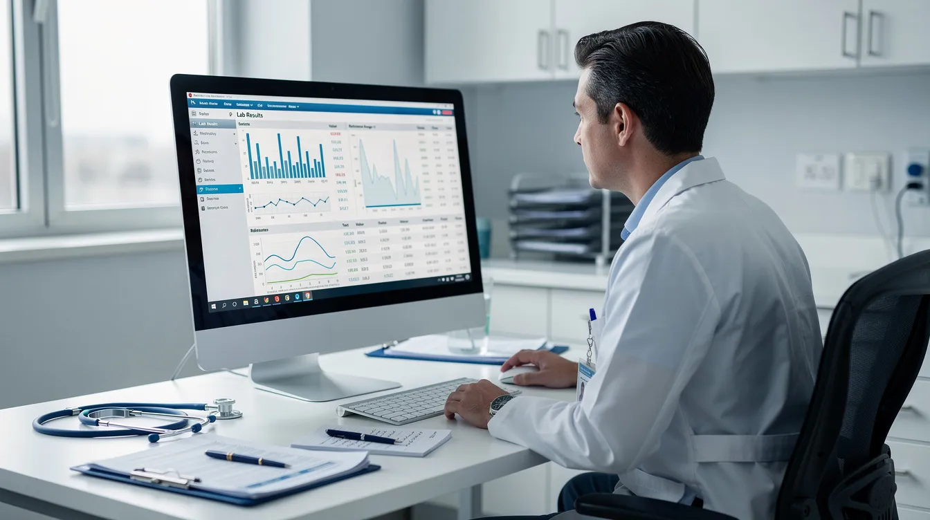 A medical professional is focused on a computer screen, analyzing lab results related to autoimmune diseases. The screen displays medical documentation that may include test results and symptoms associated with conditions like systemic lupus erythematosus, which can impact daily functioning and qualify individuals for disability benefits.