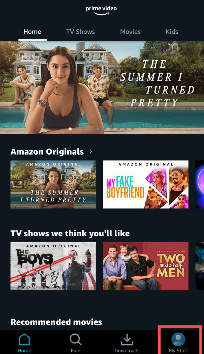 Amazon Prime Video app homepage