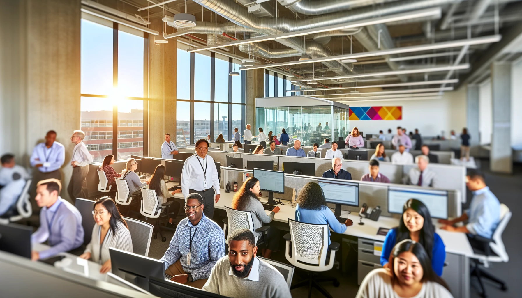 Diverse group of employees in a large company's office
