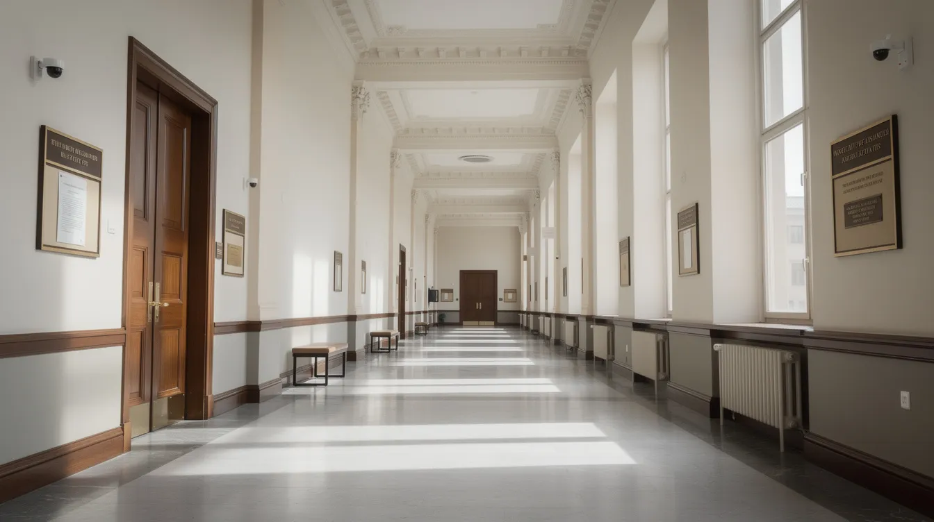The image depicts a long, well-lit hallway within a government building, with sunlight filtering through large windows, suggesting a space where federal agencies might discuss critical matters such as national security and the integration of artificial intelligence technologies. This environment could be a setting for strategic meetings related to the national AI strategy and federal efforts to enhance American leadership in AI innovation.