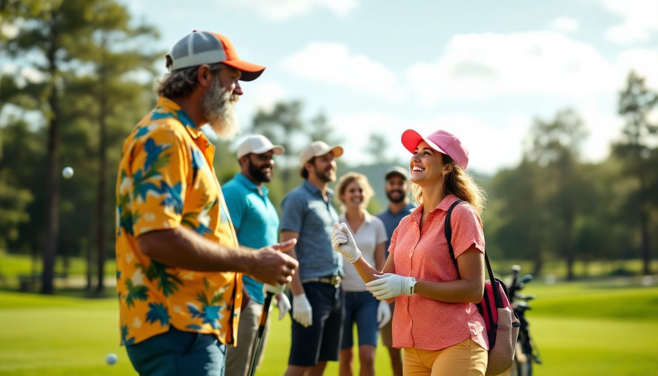 A group of new golfers practicing at a driving range.