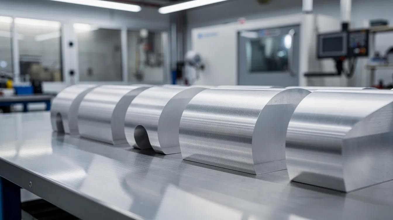 The image shows a collection of curved aluminum cylindrical components neatly arranged on a metal workbench in a manufacturing facility, highlighting the precision and versatility of various sheet metal rollers used for bending and shaping materials. These components are likely part of a project involving slip rolls or plate rollers, showcasing the ability to create different shapes and sizes in metalworking.