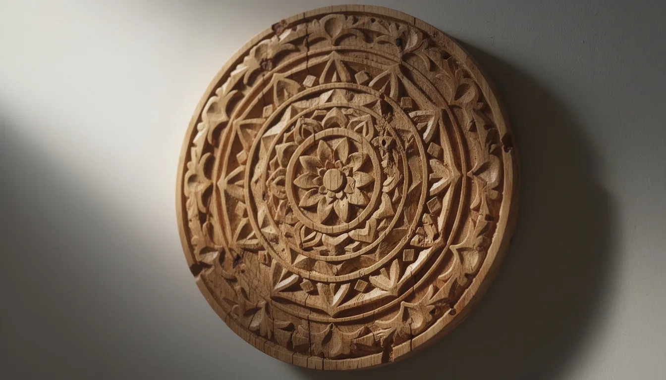 Close-up van een handgesneden houtsnijwerk in een rond wandpaneel met een prachtig mandala-patroon, dat als wanddecoratie dient in een sfeervolle woonkamer. Het gedetailleerde houtsnijwerk straalt de schoonheid en ambachtelijkheid uit van traditionele technieken uit India.