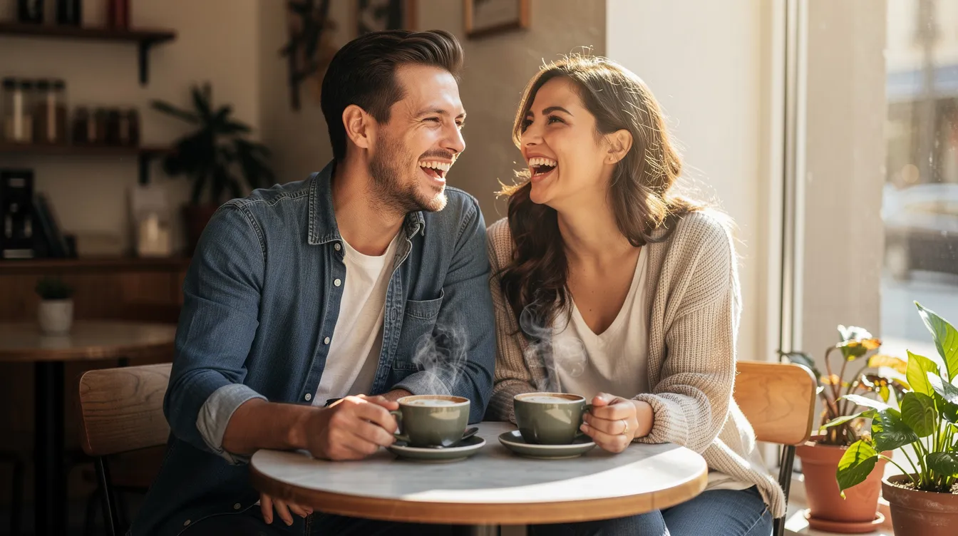 A couple is sitting at a small cafe table, laughing together over coffee, showcasing a joyful moment in their romantic relationship. This image reflects the essence of dating life, where open-minded conversations and shared happiness can flourish between partners, regardless of gender roles or societal expectations.