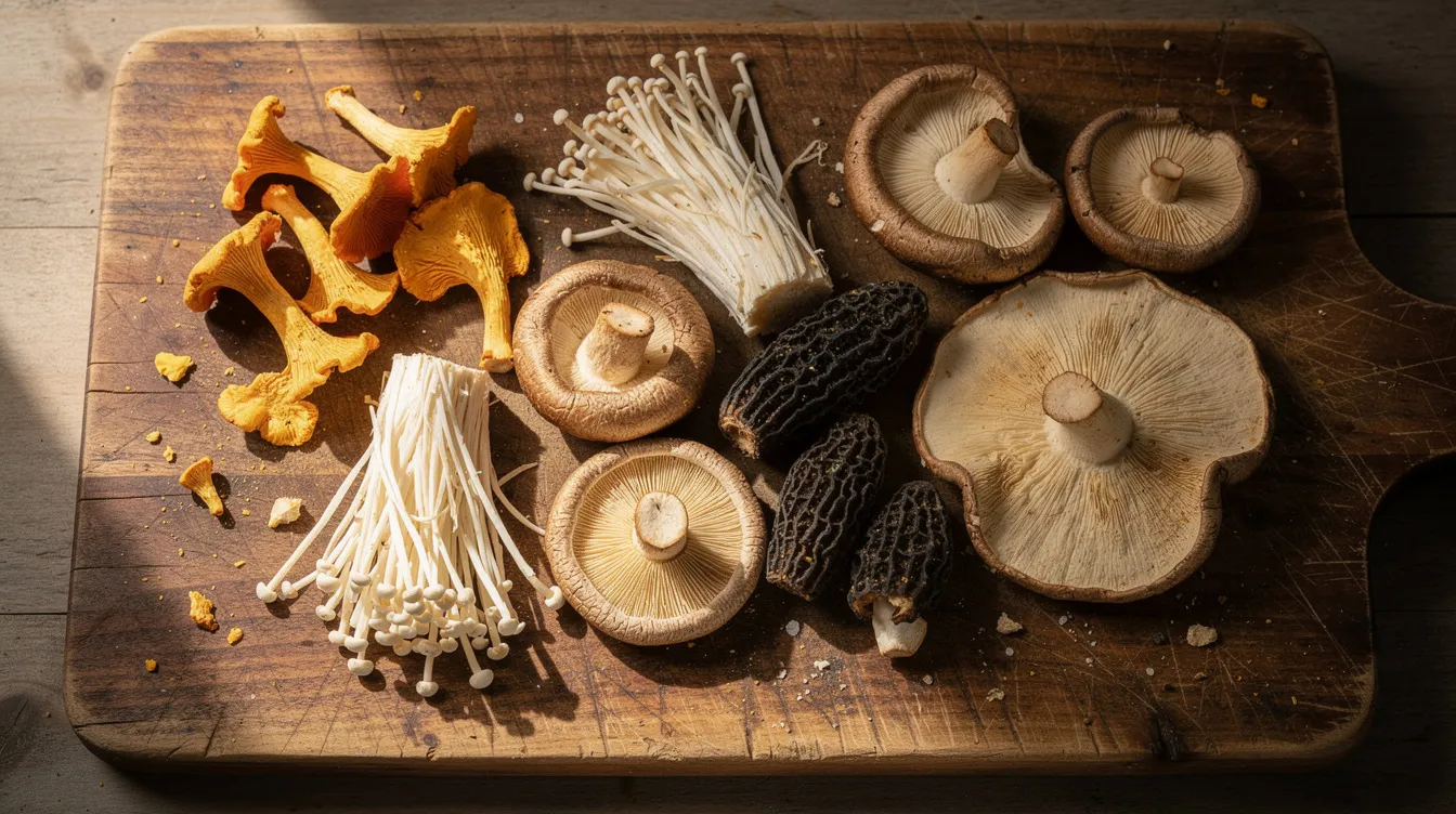 The image shows a variety of colorful dried mushroom species, including maitake and lion's mane mushrooms, artfully arranged on a rustic wooden cutting board. These functional mushrooms are often used in dietary supplements for their potential health benefits, such as supporting immune function and promoting brain health.