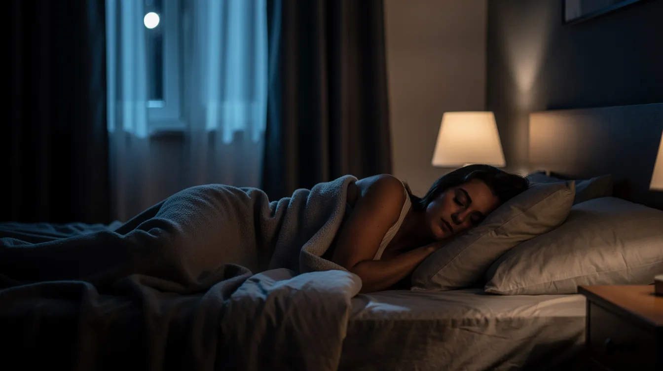 Eine Person schläft friedlich in einem dunklen, komfortablen Schlafzimmer, während sanftes Mondlicht durch das Fenster strahlt. In dieser ruhigen Umgebung befindet sich der Körper in einer tiefen Schlafphase, die für die Regeneration und das Wohlbefinden wichtig ist.
