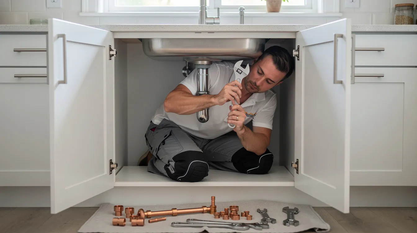 A professional plumber is working under a kitchen sink, surrounded by specialized tools, including wrenches and copper fittings. This scene highlights the importance of quality service in plumbing repairs, showcasing the expertise needed for tasks like drain cleaning and faucet repair.