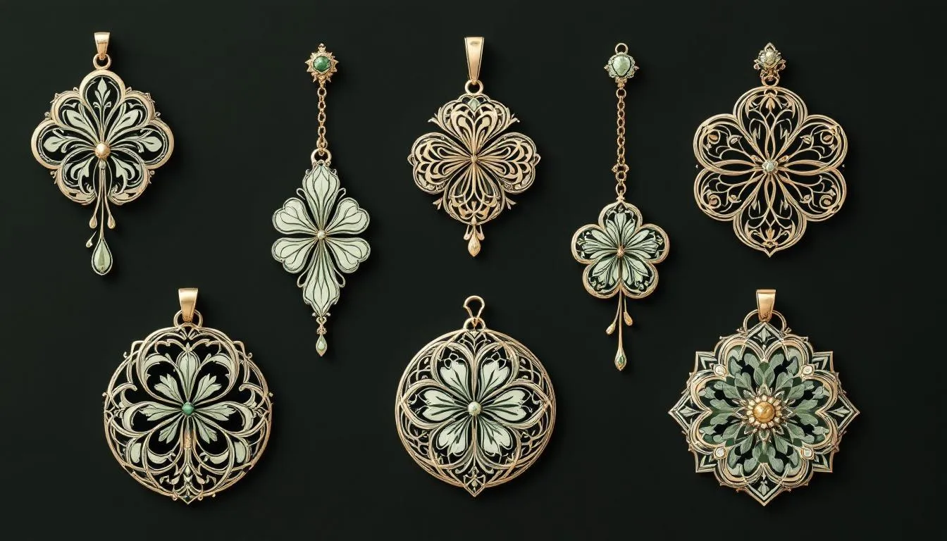 Collection de pendentifs, incluant des designs variés de pendentifs trèfle.