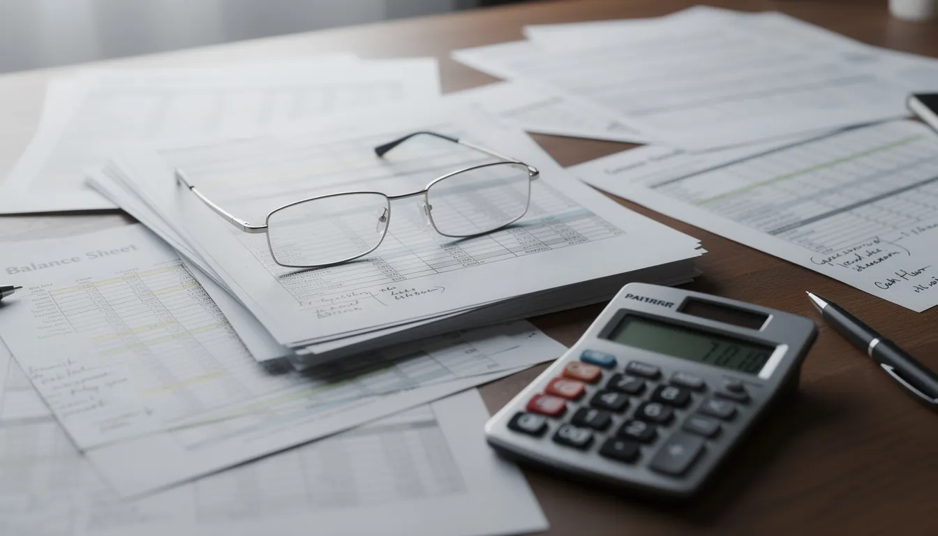 The image depicts a calculator, reading glasses, and various financial statements laid out on a desk, suggesting a focus on retirement planning and the calculation of required minimum distributions (RMD) from retirement accounts. This setup implies a need for careful consideration of RMD rules and tax implications for account owners.