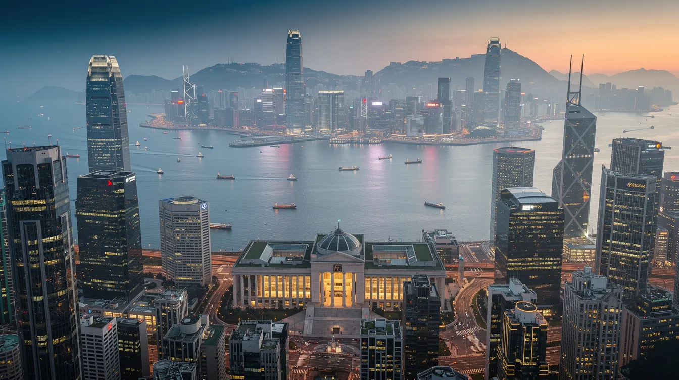 A panoramic view of the Hong Kong government district showcases sleek modern office towers set against a picturesque harbour backdrop, reflecting the city's vibrant administrative and service-oriented atmosphere. The image highlights the significance of 公務員嘅角色喺呢個地區嘅管治。