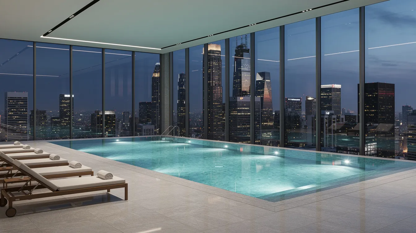 An indoor swimming pool is featured in this image, surrounded by large windows that provide a stunning view of the city skyline. The elegant space is designed for relaxation and leisure, showcasing the luxury amenities available in this Toronto building, likely near the waterfront trail and Lake Ontario.