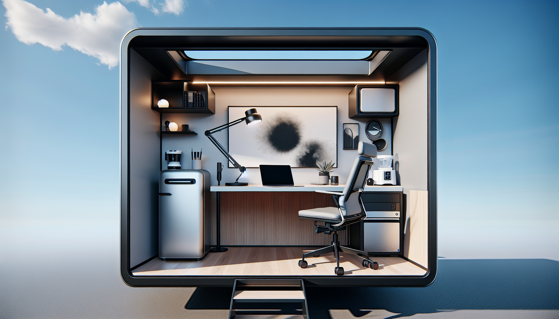 Mobile office with furnished interior and technology