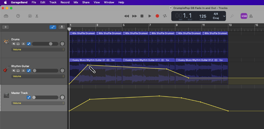 Adding a volume point to a single track's automation line for a fade-in