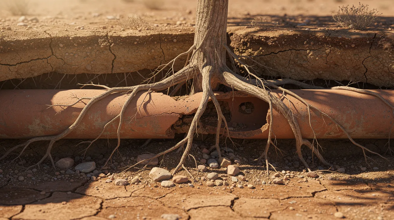 The image depicts tree roots intricately growing around and through an underground clay sewer pipe in dry desert soil, illustrating a common issue of root intrusion that can lead to damaged sewer lines and potential sewage backups. This natural phenomenon highlights the importance of regular sewer line inspections and repairs to prevent costly plumbing emergencies.