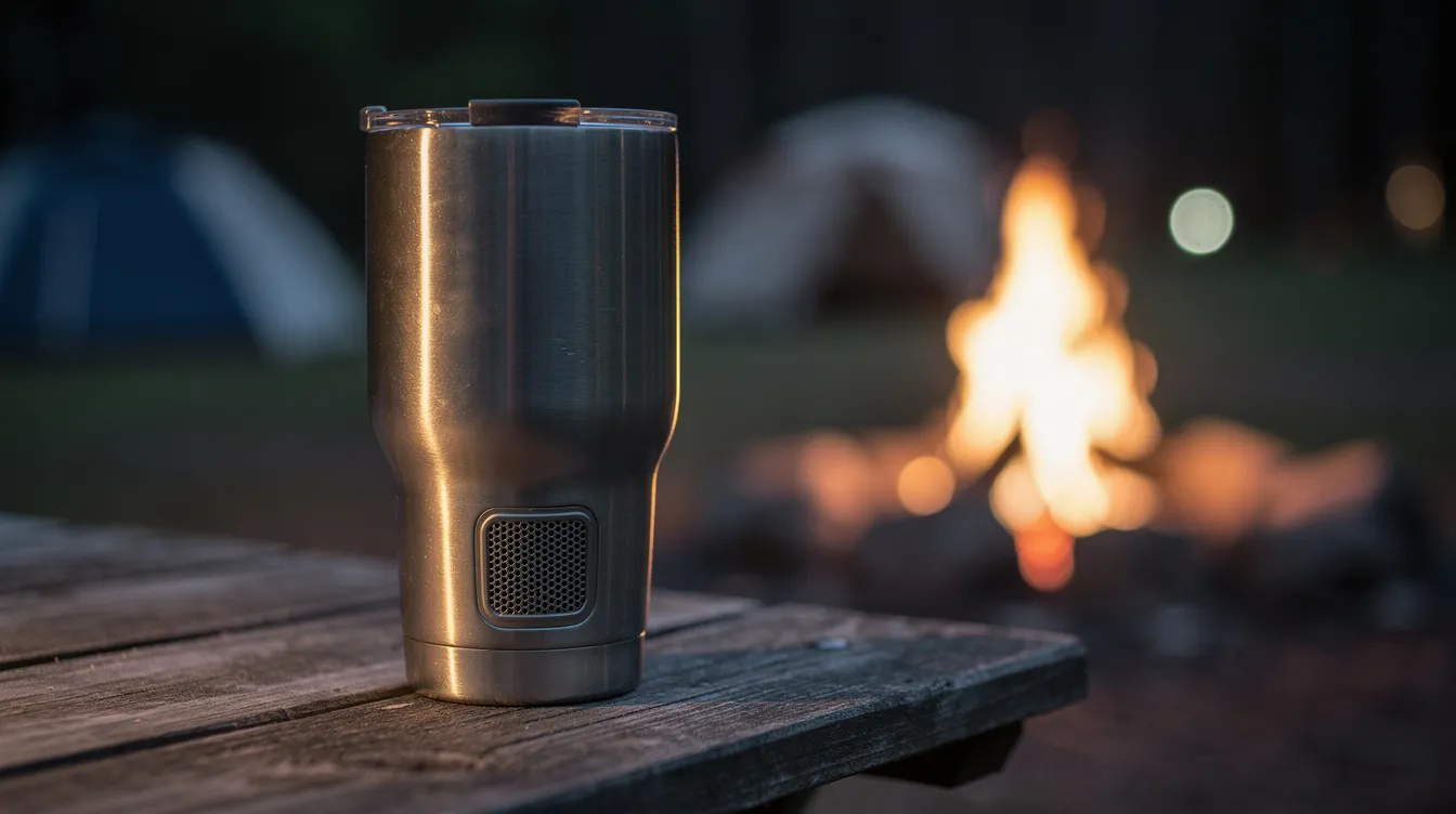 A close-up image of a stainless steel insulated tumbler featuring a built-in Bluetooth speaker base, resting on a wooden camp table beside a glowing campfire. The tumbler is designed to keep drinks cold or hot, making it a perfect companion for outdoor events and gatherings.