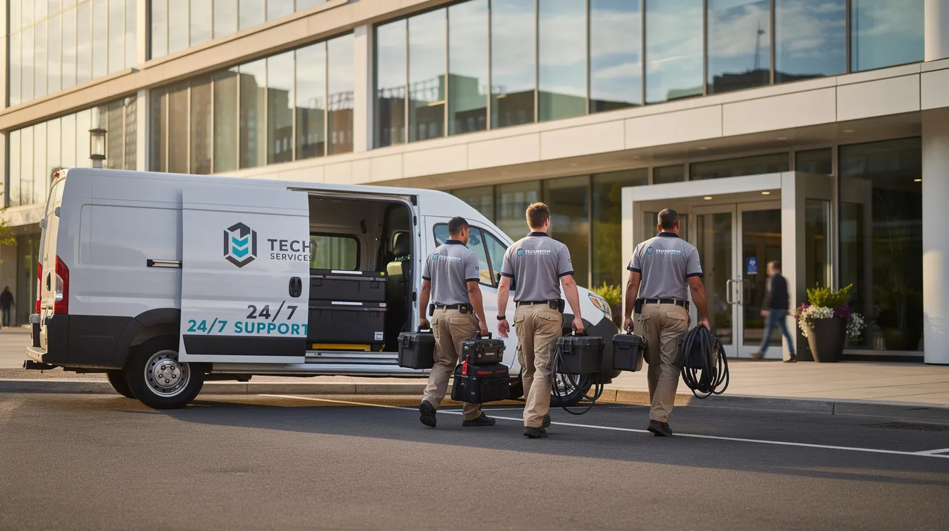 A service van is parked outside a modern commercial building, where a team of technicians is seen carrying equipment, showcasing a semi absentee franchise model focused on essential services. This image highlights the day-to-day operations of a thriving business, emphasizing the strong brand recognition and proven systems that support franchise owners.