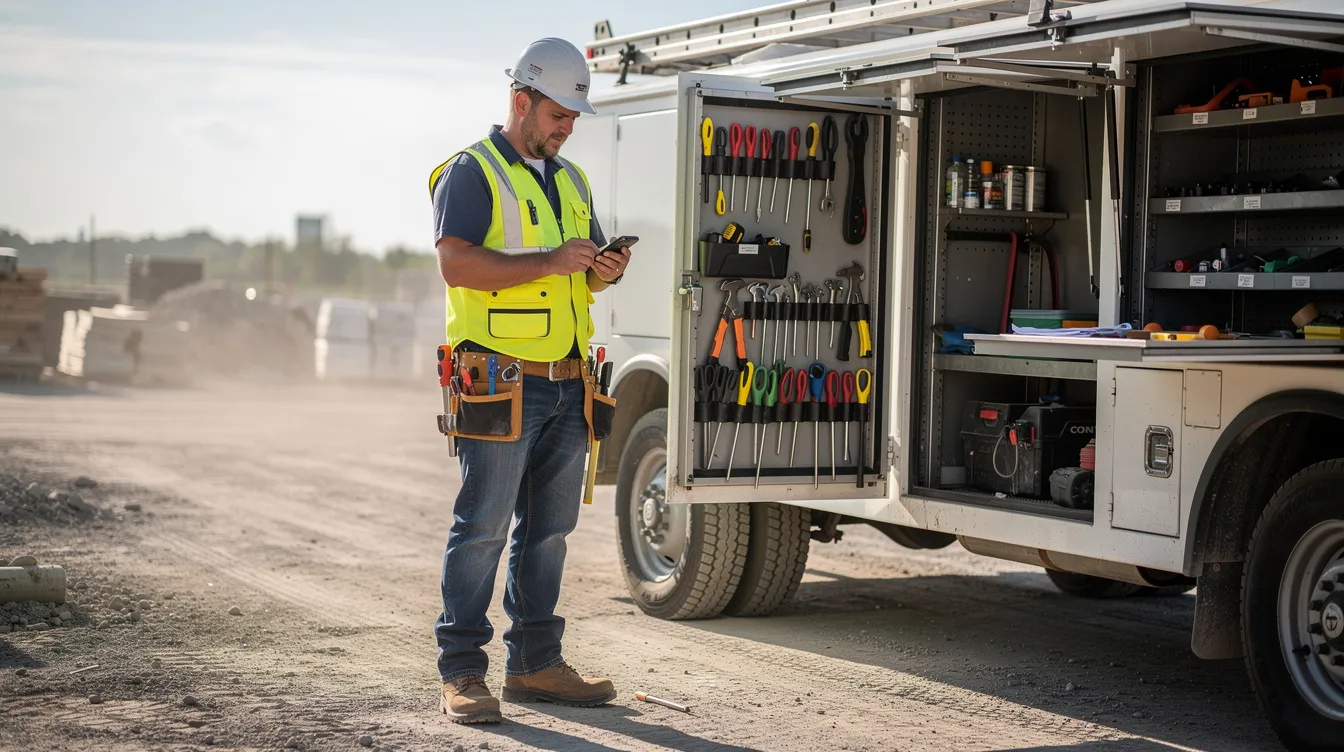 A contractor stands beside a service truck while checking a mobile phone, possibly reviewing updates on their digital marketing strategy or assessing their local SEO performance. The scene suggests a blend of hands-on work and the integration of technology in managing business tasks.