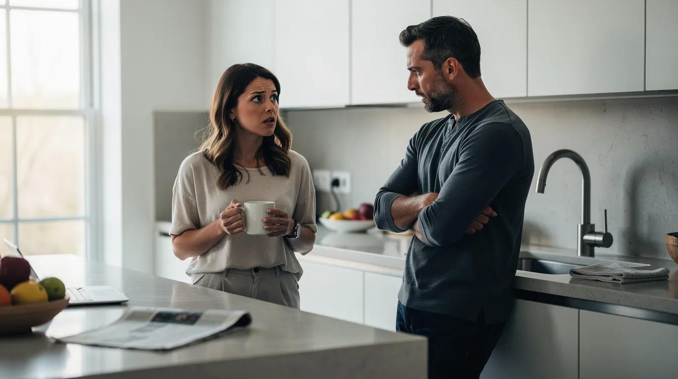 In a modern luxury kitchen, an attractive married couple in their late 30s stands amidst morning light, with the woman holding a coffee cup, looking confused and concerned, while her husband appears irritated near the sink, reflecting the emotional tension in their relationship. This candid moment captures the complexities of family dynamics, hinting at the husband's anger over small things and the need for open communication and emotional safety.