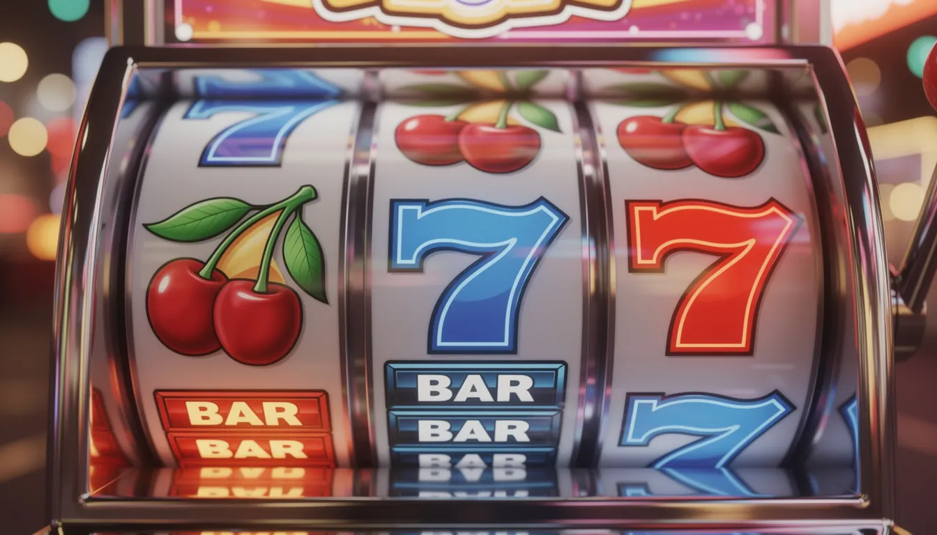 The image features vibrant symbols from a slot machine, including cherries, sevens, and BAR icons, all in bright colors that evoke the excitement of online casinos. These classic symbols are often found in casino games, particularly in non gamstop slots, appealing to UK players looking for a thrilling gaming experience.