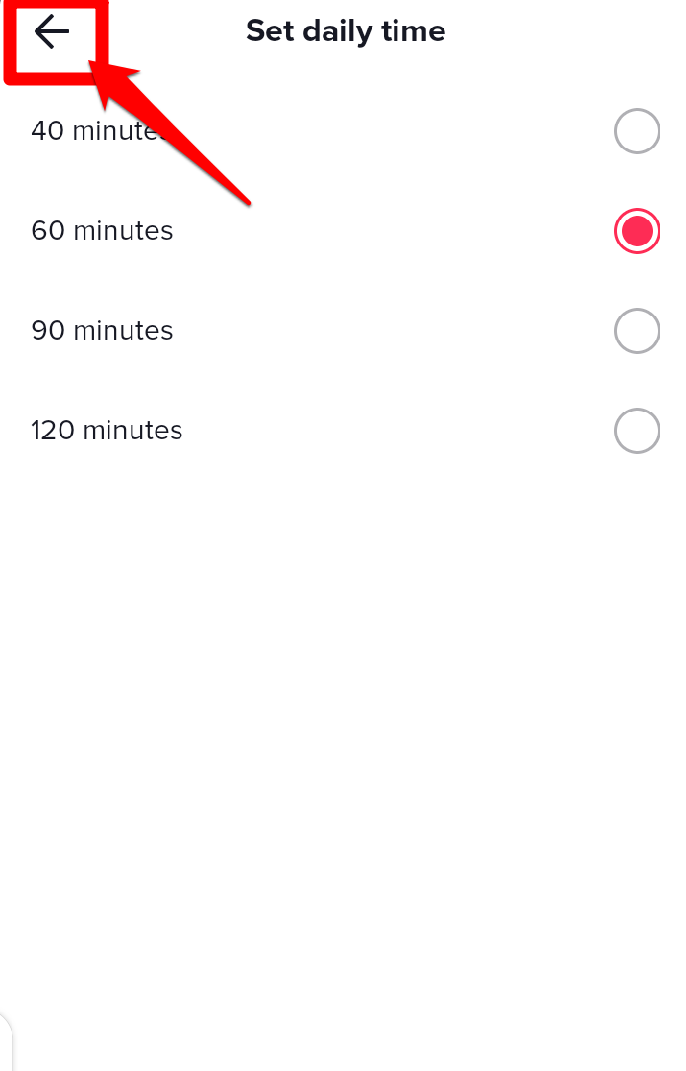 Image showing the back arrow to save changes on the TikTok app
