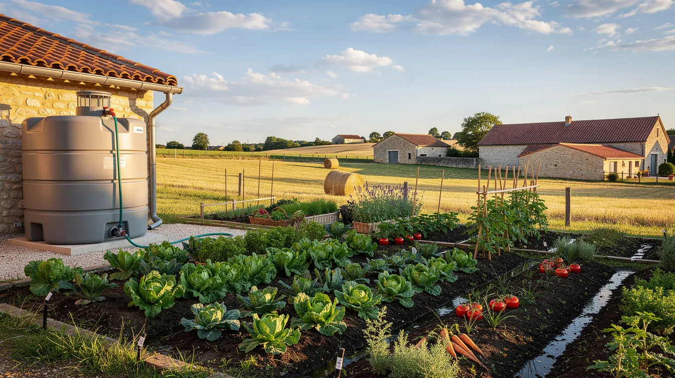 L'image montre un potager verdoyant, irrigué par un système de récupération d'eau de pluie, situé dans un paysage de campagne française ensoleillée. On peut y voir des plantes en pleine croissance, entourées d'une maison typique et d'une citerne d'eau de pluie, symbolisant une méthode durable de gestion des ressources en eau.