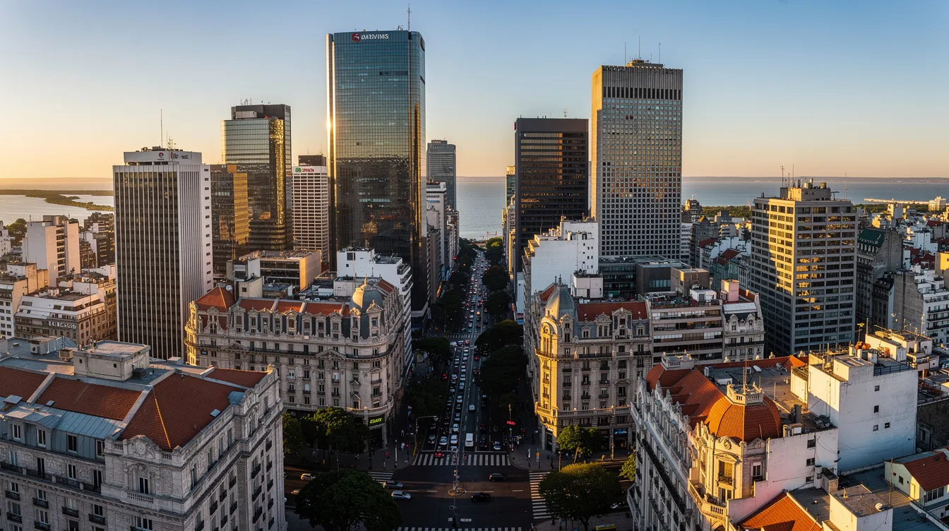 An aerial view of Buenos Aires showcases a vibrant financial district, blending modern skyscrapers with historic buildings, reflecting the city's dynamic banking sector. This bustling area is home to some of the largest private banks in Argentina, offering a variety of banking products such as savings accounts and personal loans, catering to both locals and foreigners.