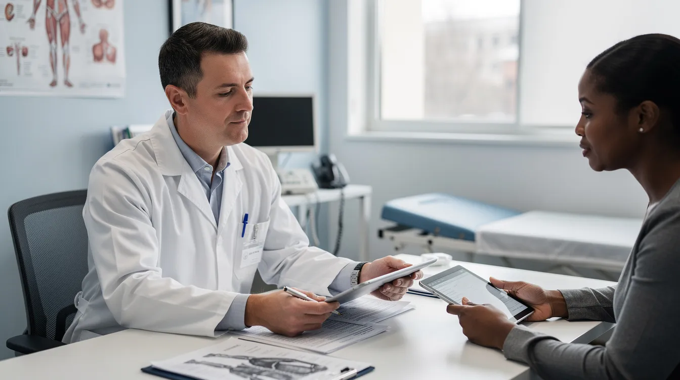 A healthcare professional, a physician, is seated with a patient in a clinical setting, reviewing medical charts that include blood test results and discussing lifestyle factors that may influence their biological age and overall well-being. The physician is providing valuable insights into the patient&rsquo;s health status and potential health problems based on the data gathered.
