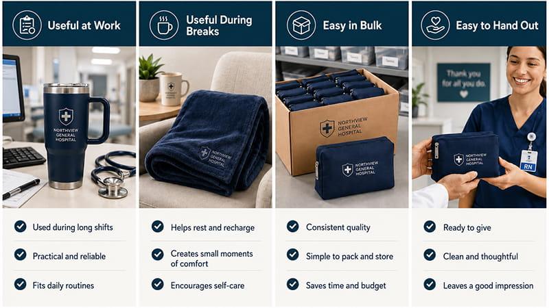 Practical nurse Christmas gifts designed for hospital work use, breakroom comfort, bulk distribution and shift-based healthcare teams