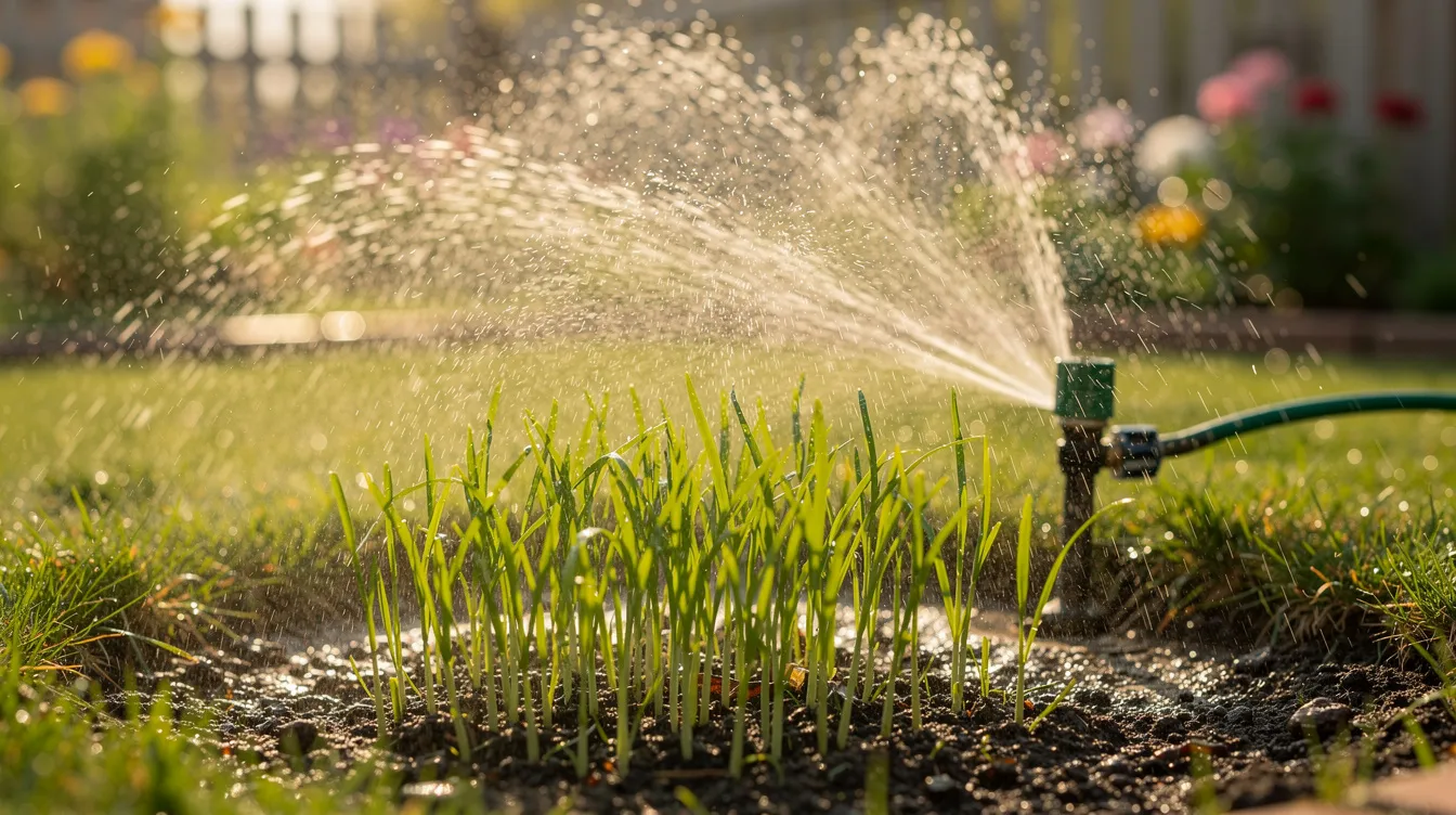 A gentle garden sprinkler is watering newly germinated grass seedlings in soft spring light, creating a nurturing environment for the young grass blades to thrive. The scene captures the essence of lawn care, promoting healthy growth and moisture retention for a lush new lawn.