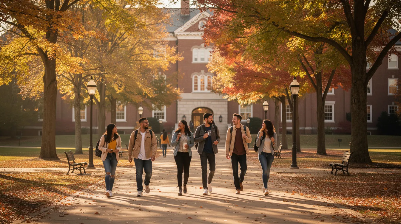 The image depicts university students strolling through a picturesque, tree-lined campus adorned with red brick buildings, showcasing the vibrant colors of autumn. This scene reflects the lively atmosphere of higher education in Sweden, where international students enjoy exceptional public services and a strong work-life balance amidst the beautiful surroundings.