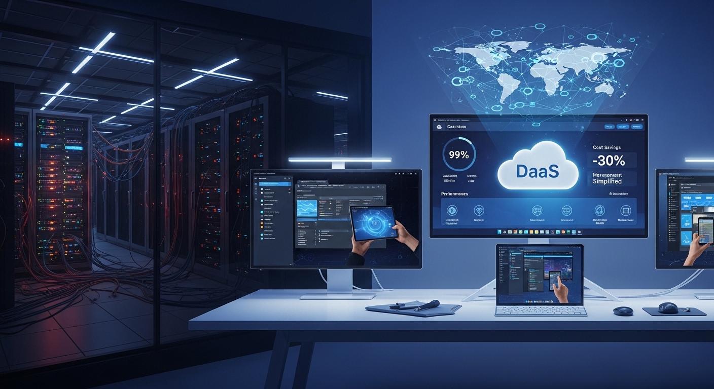 Modern cloud desktop environment replacing complex on-premises servers, illustrating the advantages of DaaS over traditional VDI.