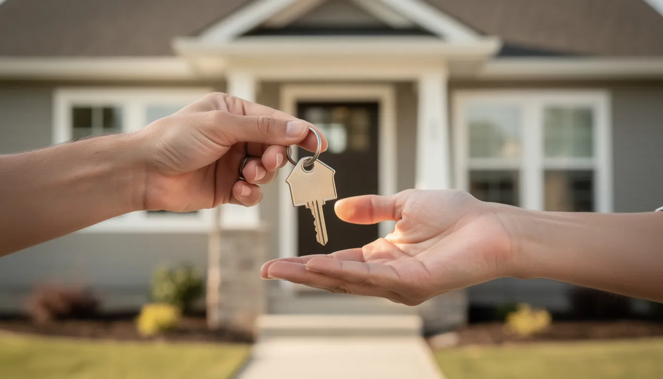 Two hands are exchanging house keys in front of a welcoming home, symbolizing the successful completion of the home buying process and the final steps of a real estate transaction. This moment often follows the signing of a real estate contract and can involve contingencies such as home inspections and financing commitments.