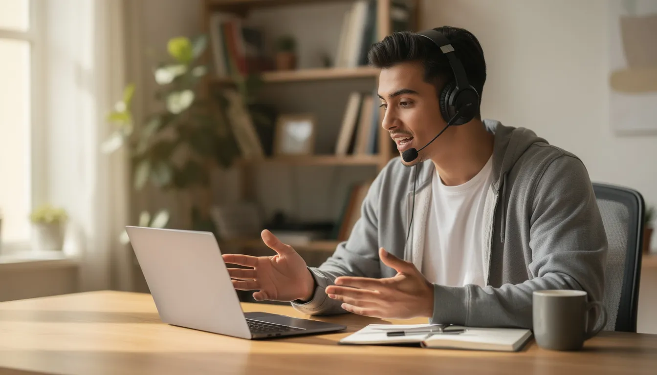 Ein Nachhilfelehrer gibt online Mathe-Nachhilfe und unterstützt einen Schüler bei der Vorbereitung auf seine Prüfungen. Der Tutor erklärt Lerninhalte und hilft bei der Lösung von Problemen, um den Lernerfolg zu fördern.
