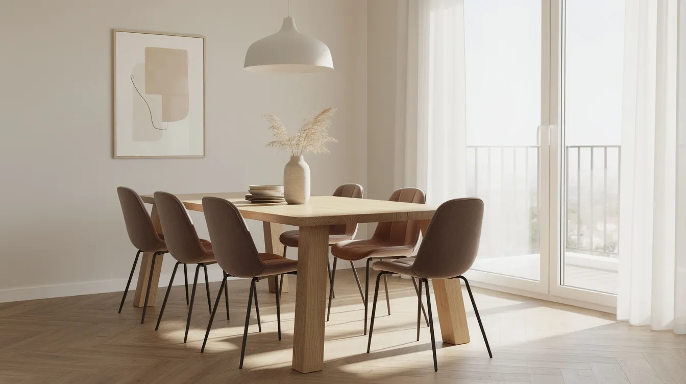 Een eethoek met comfortabele, donker taupe gestoffeerde stoelen rondom een grote houten eettafel, gelegen in een lichte ruimte met taupe muren. Deze taupe combinatie werkt overal.