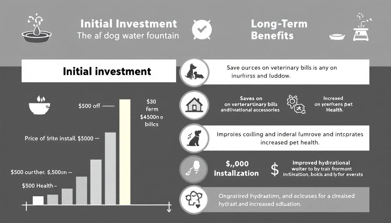 A cost comparison chart illustrates the initial investment versus long-term benefits of dog water fountains, highlighting features such as fresh water access, filtration systems, and the advantages of keeping pets hydrated with running water. The chart emphasizes the savings and convenience of using pet water fountains for multiple pets over time.